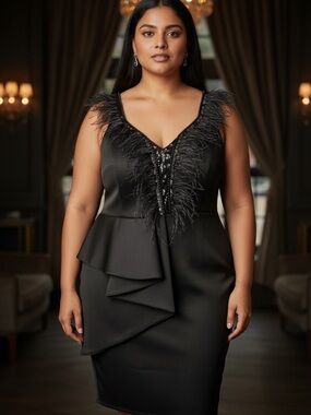 EY Boutique Black Feather Trim Cocktail Dress 2X